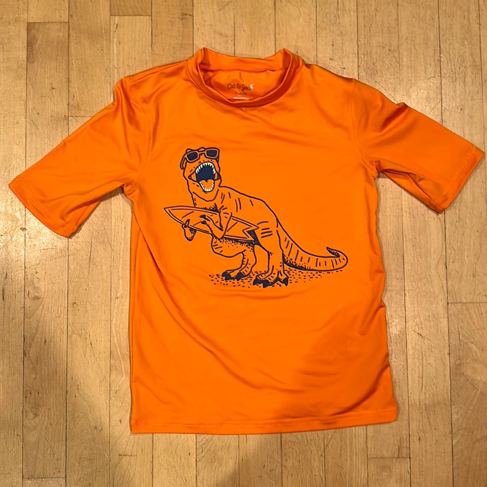 Boys Short Sleeve Rash Guard Swim Shirt. Surfing Dinosaur. Cat & Jack. Size 8/10